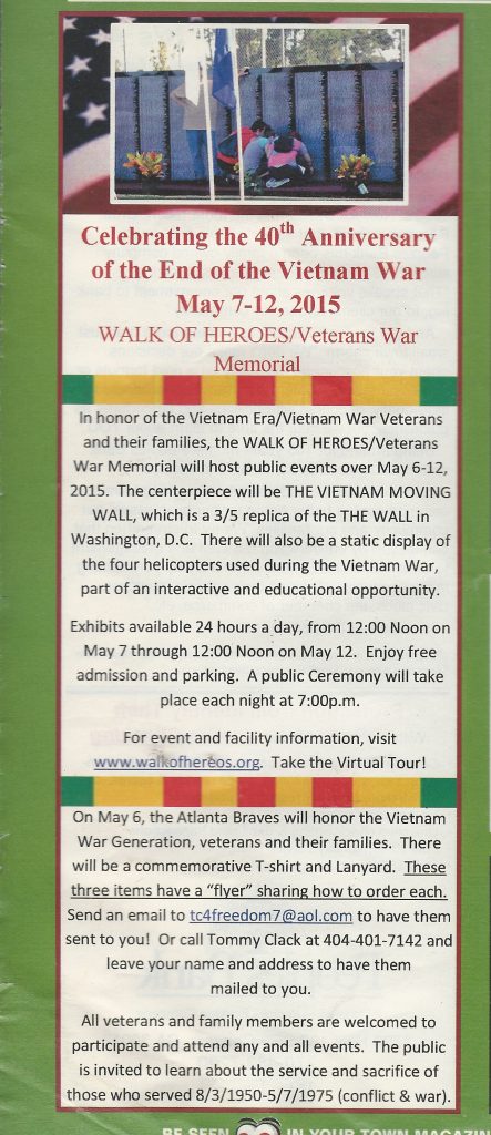 In April 2015 Your Town Magazine published an article for the Celebrating the 40th Anniversary of the End of the Vietnam War to highlight the event.