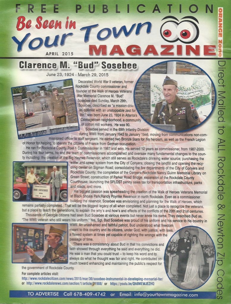 A great memorial of Clarence M. "Bud" Sosebee submited by Pete Mecca to the Your Town Magazine April 2015